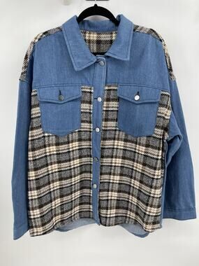Women’s 2XL Shacket Farm Chore Shirt Denim and Flannel Blue with Brown Plaid